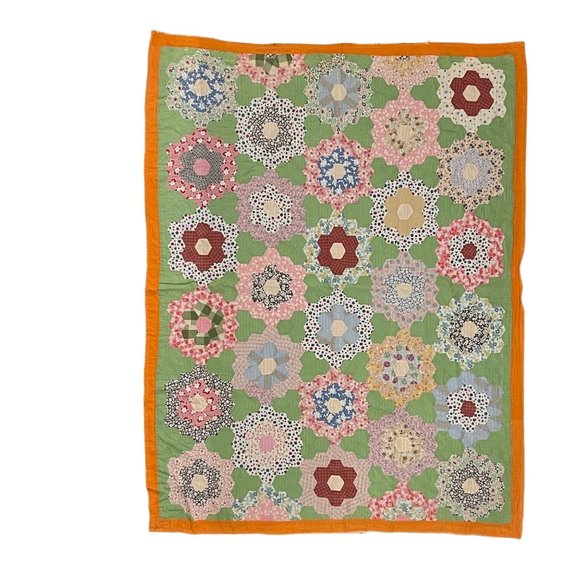 Hand Crafted Other - Vintage Flower Garden Quilt 77x59 Green Background Orange Border Victor